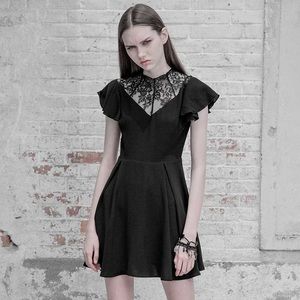 Gothic Female Lace Stitching V-neck High Waist Chiffon Dress. Size Small.,